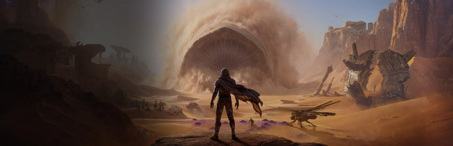 Dune: Awakening key art: a lone figure facing a sandworm in the desert