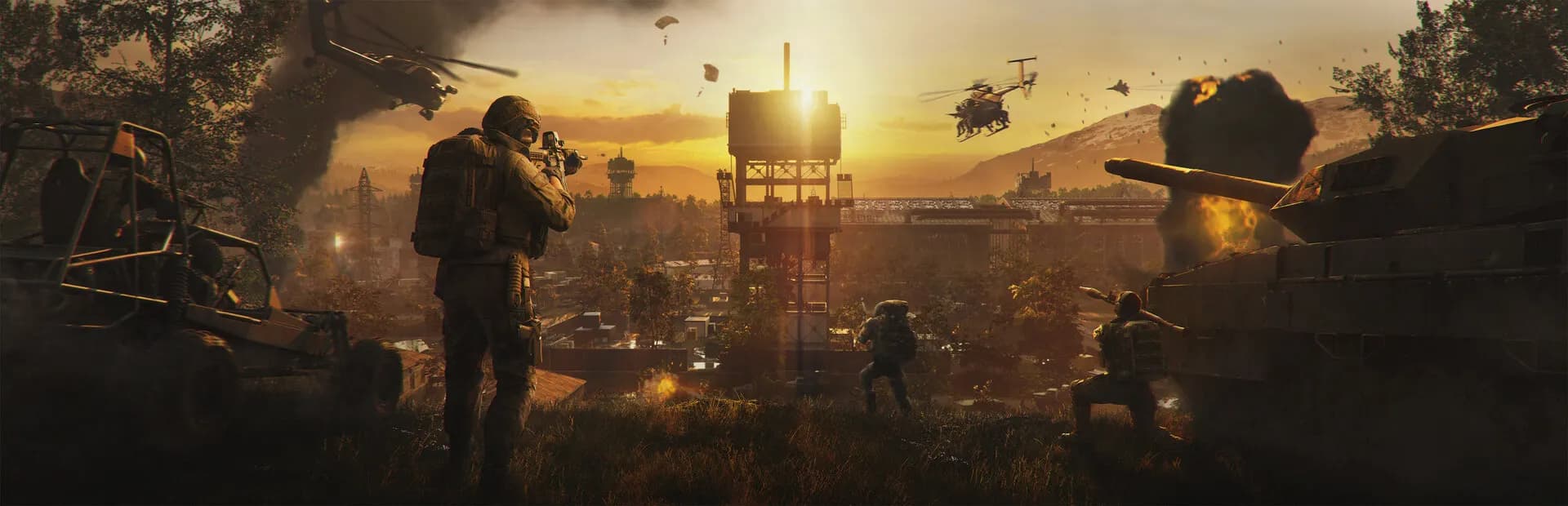 WARDOGS key art: soldiers advancing at sunset with helicopters overhead